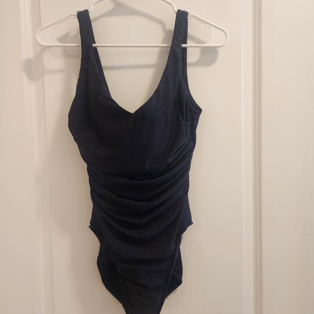 Miraclesuit Womens Black Ruched One Piece Swimsuit V-Neck Firm Control 10 59593